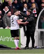 1 April 2024; Archie Davies of Dundalk remonstrates with Fourth official David Dunne after being sent off during the SSE Airtricity Men's Premier Division match between Dundalk and Drogheda United at Oriel Park in Dundalk, Louth. Photo by Ben McShane/Sportsfile