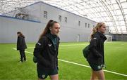 1 April 2024; Jess Ziu and Jessie Stapleton, right, during a Republic of Ireland Women's training session at the Sport Ireland National Indoor Arena on the Sport Ireland Campus in Dublin. Photo by Stephen McCarthy/Sportsfile