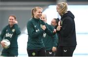 1 April 2024; Ruesha Littlejohn and Louise Quinn, right, during a Republic of Ireland Women's training session at the Sport Ireland National Indoor Arena on the Sport Ireland Campus in Dublin. Photo by Stephen McCarthy/Sportsfile