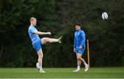 1 April 2024; Jamie Osborne, left, and Jimmy O'Brien during Leinster rugby squad training at UCD in Dublin. Photo by Harry Murphy/Sportsfile