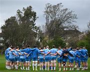 1 April 2024; The Leinster team huddle during squad training at UCD in Dublin. Photo by Harry Murphy/Sportsfile