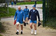 1 April 2024; Rhys Ruddock, left, and James Lowe arrive for Leinster rugby squad training at UCD in Dublin. Photo by Harry Murphy/Sportsfile