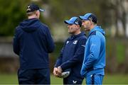 1 April 2024; Bbacks coach Andrew Goodman, right, with senior coach Jacques Nienaber and head coach Leo Cullen during Leinster rugby squad training at UCD in Dublin. Photo by Harry Murphy/Sportsfile