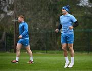 1 April 2024; James Lowe, right, and Ciarán Frawley  during Leinster rugby squad training at UCD in Dublin. Photo by Harry Murphy/Sportsfile