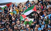 31 March 2024; Supporters with Palestine flags on Hill 16 during the Allianz Football League Division 1 Final match between Dublin and Derry at Croke Park in Dublin. Photo by Ramsey Cardy/Sportsfile