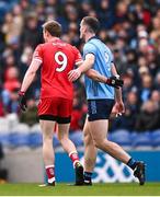 31 March 2024; Brendan Rogers of Derry and Brian Fenton of Dublin during the Allianz Football League Division 1 Final match between Dublin and Derry at Croke Park in Dublin. Photo by Ramsey Cardy/Sportsfile