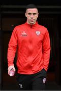 1 April 2024; Jordan McEneff of Derry City before the SSE Airtricity Men's Premier Division match between Shelbourne and Derry City at Tolka Park in Dublin. Photo by Stephen McCarthy/Sportsfile