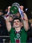 30 March 2024; Sam McCartan of Westmeath lifts the trophy after winning the Allianz Football League Division 3 final match between Down and Westmeath at Croke Park in Dublin. Photo by Ramsey Cardy/Sportsfile