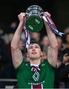 30 March 2024; Jonathan Lynam of Westmeath lifts the trophy after winning the Allianz Football League Division 3 final match between Down and Westmeath at Croke Park in Dublin. Photo by Ramsey Cardy/Sportsfile