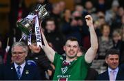 30 March 2024; Lorcan Dolan of Westmeath lifts the trophy after winning the Allianz Football League Division 3 final match between Down and Westmeath at Croke Park in Dublin. Photo by Ramsey Cardy/Sportsfile
