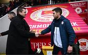 1 April 2024; St Patrick's Athletic manager Jon Daly and Sligo Rovers manager John Russell shake hands before the SSE Airtricity Men's Premier Division match between St Patrick's Athletic and Sligo Rovers at Richmond Park in Dublin. Photo by Harry Murphy/Sportsfile