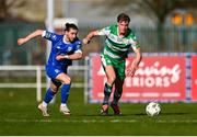 1 April 2024; Connor Parsons of Waterford in action against Daniel Cleary of Shamrock Rovers during the SSE Airtricity Men's Premier Division match between Waterford and Shamrock Rovers at the Regional Sports Centre in Waterford. Photo by Tyler Miller/Sportsfile