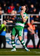 1 April 2024; Richie Towell of Shamrock Rovers reacts after a missed opportunity on goal during the SSE Airtricity Men's Premier Division match between Waterford and Shamrock Rovers at the Regional Sports Centre in Waterford. Photo by Tyler Miller/Sportsfile