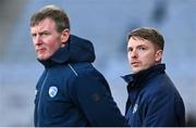 30 March 2024; Laois selector Ross Munnelly, right, and manager Justin McNulty during the Allianz Football League Division 4 final match between Laois and Leitrim at Croke Park in Dublin. Photo by Ramsey Cardy/Sportsfile