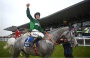 1 April 2024; Jockey JJ Slevin celebrates after winning the BoyleSports Irish Grand National Steeplechase, aboard Intense Raffles, on day three of the Fairyhouse Easter Festival at Fairyhouse Racecourse in Ratoath, Meath. Photo by Seb Daly/Sportsfile