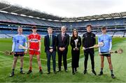 3 April 2024; Uachtarán Chumann Lúthchleas Gael Jarlath Burns, centre, with, from left, Dublin Celtic Challenge hurler Callum Dee, Derry hurler Ruairi O'Mianain, Shane Flanagan, GAA director of Coaching and Games, Aiste Petraityte, Brand and Sponsorhip manager at Electric Ireland, Sligo hurler Tony O'Kelly-Lynch and Dublin Celtic Challenge hurler Scott Cassidy Walker during the launch of the Electric Ireland Celtic Challenge at Croke Park in Dublin. Photo by Ben McShane/Sportsfile