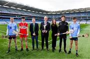3 April 2024; Uachtarán Chumann Lúthchleas Gael Jarlath Burns, centre, with, from left, Dublin Celtic Challenge hurler Callum Dee, Derry hurler Ruairi O'Mianain, Shane Flanagan, GAA director of Coaching and Games, Aiste Petraityte, Brand and Sponsorhip manager at Electric Ireland, Sligo hurler Tony O'Kelly-Lynch and Dublin Celtic Challenge hurler Scott Cassidy Walker during the launch of the Electric Ireland Celtic Challenge at Croke Park in Dublin. Photo by Ben McShane/Sportsfile