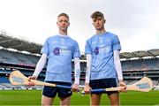 3 April 2024; Dublin Celtic Challenge hurlers Scott Cassidy Walker, right, and Callum Dee during the launch of the Electric Ireland Celtic Challenge at Croke Park in Dublin. Photo by Ben McShane/Sportsfile