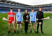 3 April 2024; In attendance, from left, Derry hurler Ruairi O'Mianain, Dublin Celtic Challenge hurler Callum Dee, Aiste Petraityte, Brand and Sponsorship manager at Electric Ireland, Dublin Celtic Challenge hurler Scott Cassidy Walker and Sligo hurler Tony O'Kelly-Lynch during the launch of the Electric Ireland Celtic Challenge at Croke Park in Dublin. Photo by Ben McShane/Sportsfile