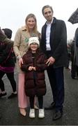 1 April 2024; Minister for Further and Higher Education, Research, Innovation and Science and leader of Fine Gael Simon Harris TD and Fine Gael candidate for the forthcoming European elections and former jockey Nina Carberry with CJ O'Brien, age 9, from Antrim, on day three of the Fairyhouse Easter Festival at Fairyhouse Racecourse in Ratoath, Meath. Photo by Seb Daly/Sportsfile
