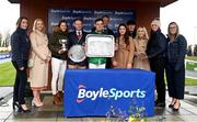 1 April 2024; Winning connections, including jockey JJ Slevin and trainer Thomas Gibney after sending out Intense Raffles to win the BoyleSports Irish Grand National Steeplechase, with An Taoiseach Leo Varadkar TD on day three of the Fairyhouse Easter Festival at Fairyhouse Racecourse in Ratoath, Meath. Photo by Seb Daly/Sportsfile