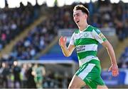 1 April 2024; Darragh Burns of Shamrock Rovers celebrates after scoring his side's first goal during the SSE Airtricity Men's Premier Division match between Waterford and Shamrock Rovers at the Regional Sports Centre in Waterford. Photo by Tyler Miller/Sportsfile