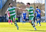 1 April 2024; Darragh Burns of Shamrock Rovers, right, celebrates with team-mate Richie Towell after scoring their side's first goal during the SSE Airtricity Men's Premier Division match between Waterford and Shamrock Rovers at the Regional Sports Centre in Waterford. Photo by Tyler Miller/Sportsfile