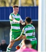 1 April 2024; Roberto Lopes of Shamrock Rovers, right, celebrates with team-mate Conan Noonan after scoring their side's second goal during the SSE Airtricity Men's Premier Division match between Waterford and Shamrock Rovers at the Regional Sports Centre in Waterford. Photo by Tyler Miller/Sportsfile