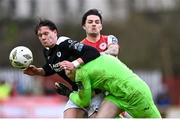 1 April 2024; Nando Pijnaker of Sligo Rovers collides with teammate Ed McGinty and Ruairi Keating of St Patrick's Athletic during the SSE Airtricity Men's Premier Division match between St Patrick's Athletic and Sligo Rovers at Richmond Park in Dublin. Photo by Harry Murphy/Sportsfile