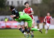1 April 2024; Nando Pijnaker of Sligo Rovers collides with teammate Ed McGinty and Ruairi Keating of St Patrick's Athletic during the SSE Airtricity Men's Premier Division match between St Patrick's Athletic and Sligo Rovers at Richmond Park in Dublin. Photo by Harry Murphy/Sportsfile