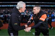 31 March 2024; Donegal manager Jim McGuinness, left, and Armagh manager Kieran McGeeney after the Allianz Football League Division 2 Final match between Armagh and Donegal at Croke Park in Dublin. Photo by Ramsey Cardy/Sportsfile