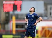 1 April 2024; Michael Duffy of Derry City reacts during the SSE Airtricity Men's Premier Division match between Shelbourne and Derry City at Tolka Park in Dublin. Photo by Stephen McCarthy/Sportsfile
