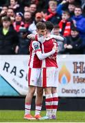 1 April 2024; Mason Melia of St Patrick's Athletic celebrates with teammate Ruairi Keating after scoring his side's third goal  during the SSE Airtricity Men's Premier Division match between St Patrick's Athletic and Sligo Rovers at Richmond Park in Dublin. Photo by Harry Murphy/Sportsfile