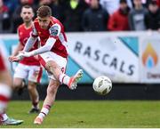 1 April 2024; Mason Melia of St Patrick's Athletic shoots to score his side's third goal during the SSE Airtricity Men's Premier Division match between St Patrick's Athletic and Sligo Rovers at Richmond Park in Dublin. Photo by Harry Murphy/Sportsfile