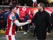 1 April 2024; St Patrick's Athletic manager Jon Daly and Kian Leavy of St Patrick's Athletic after their side's victory in the SSE Airtricity Men's Premier Division match between St Patrick's Athletic and Sligo Rovers at Richmond Park in Dublin. Photo by Harry Murphy/Sportsfile
