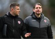 1 April 2024; Derry City manager Ruaidhrí Higgins, right, and coach Conor Loughrey after the SSE Airtricity Men's Premier Division match between Shelbourne and Derry City at Tolka Park in Dublin. Photo by Stephen McCarthy/Sportsfile