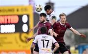 1 April 2024; Jordan Flores of Bohemians wins a header against Karl O'Sullivan, left, and Vincent Borden of Galway United during the SSE Airtricity Men's Premier Division match between Galway United and Bohemians at Eamonn Deacy Park in Galway. Photo by Piaras Ó Mídheach/Sportsfile