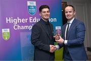 1 April 2024; Aaron Lynch, UCD, Trim & Meath receives his 2023 Electric Ireland GAA Higher Education Rising Stars Football Team of the Year Award from Chair of the GAA Higher Education Committee Michael Hyland during the 2024 Electric Ireland GAA Higher Education Rising Star Awards at the Castleknock Hotel in Dublin. Photo by David Fitzgerald/Sportsfile