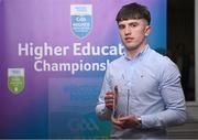 1 April 2024; Adam Hogan, MICL, Feakle & Clare, with his 2023 Electric Ireland GAA Higher Education Rising Stars Hurler of the Year Award during the 2024 Electric Ireland GAA Higher Education Rising Star Awards at the Castleknock Hotel in Dublin. Photo by David Fitzgerald/Sportsfile