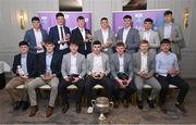 1 April 2024; The 2023 Electric Ireland GAA Higher Education Rising Stars Hurling Team of the Year, back row, from left, Eoin Lawless, Diarmuid Ryan, Cathal Quinn, Reuben Halloran, Mark Fitzgerald, Mark Rodgers, Gearoid O’Connor and front row, from left, Niall Collins, Gavin Lee, ?Fergal O’Connor, Jason Gillane, Joe Caesar, ?Shane Meehan and ?Adam Hogan during the 2024 Electric Ireland GAA Higher Education Rising Star Awards at the Castleknock Hotel in Dublin. Photo by David Fitzgerald/Sportsfile
