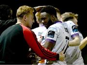 1 April 2024; James Akintunde of Bohemians celebrates with team-mate James Talbot, left, after scoring their side's second goal during the SSE Airtricity Men's Premier Division match between Galway United and Bohemians at Eamonn Deacy Park in Galway. Photo by Piaras Ó Mídheach/Sportsfile