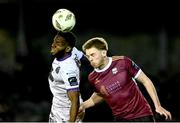 1 April 2024; James Akintunde of Bohemians in action against Robert Slevin of Galway United during the SSE Airtricity Men's Premier Division match between Galway United and Bohemians at Eamonn Deacy Park in Galway. Photo by Piaras Ó Mídheach/Sportsfile