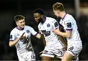 1 April 2024; James Akintunde of Bohemians, centre, celebrates with team-mates James McManus, left, and Jevon Mills during the SSE Airtricity Men's Premier Division match between Galway United and Bohemians at Eamonn Deacy Park in Galway. Photo by Piaras Ó Mídheach/Sportsfile