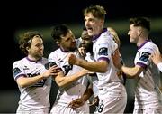1 April 2024; James Akintunde of Bohemians, third from left, celebrates with team-mates, from left, Luke Matheson, Jordan Flores, Devon Mills and James McManus during the SSE Airtricity Men's Premier Division match between Galway United and Bohemians at Eamonn Deacy Park in Galway. Photo by Piaras Ó Mídheach/Sportsfile