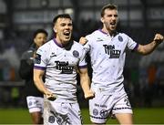1 April 2024; Dayle Rooney, centre, and Sten Reinkort, right, of Bohemians celebrate after their side's victory in the SSE Airtricity Men's Premier Division match between Galway United and Bohemians at Eamonn Deacy Park in Galway. Photo by Piaras Ó Mídheach/Sportsfile