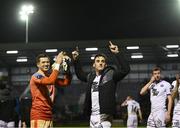 1 April 2024; Kacper Chorazka, left, and Dylan Connolly of Bohemians celebrate after their side's victory in the SSE Airtricity Men's Premier Division match between Galway United and Bohemians at Eamonn Deacy Park in Galway. Photo by Piaras Ó Mídheach/Sportsfile