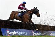 1 April 2024; Frontal Assault, with Carl Millar up, during the BoyleSports Irish Grand National Steeplechase on day three of the Fairyhouse Easter Festival at Fairyhouse Racecourse in Ratoath, Meath. Photo by Seb Daly/Sportsfile