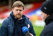 1 April 2024; Shelbourne manager Damien Duff speaks to John Kenny of RTÉ Radio after the SSE Airtricity Men's Premier Division match between Shelbourne and Derry City at Tolka Park in Dublin. Photo by Stephen McCarthy/Sportsfile