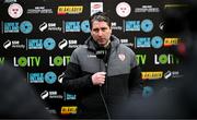 1 April 2024; Derry City manager Ruaidhrí Higgins speaks to LOI TV after the SSE Airtricity Men's Premier Division match between Shelbourne and Derry City at Tolka Park in Dublin. Photo by Stephen McCarthy/Sportsfile