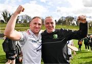 31 March 2024; Warwickshire manager Tony Joyce, right, and Noel Lenihan of Warwickshire celebrate after their side's victory in the Allianz Hurling League Division 3B Final match between Fermanagh and Warwickshire at St Joseph's Park in Ederney, Fermanagh. Photo by Sam Barnes/Sportsfile